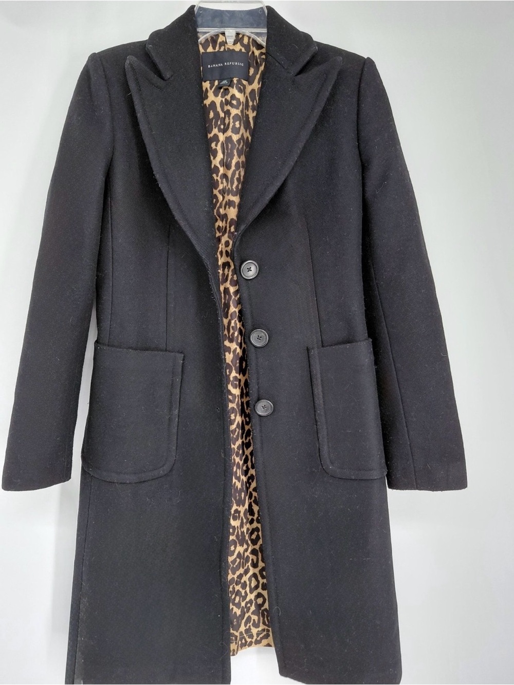 Banana Republic Black Trench Coat with Leopard-Print Lining